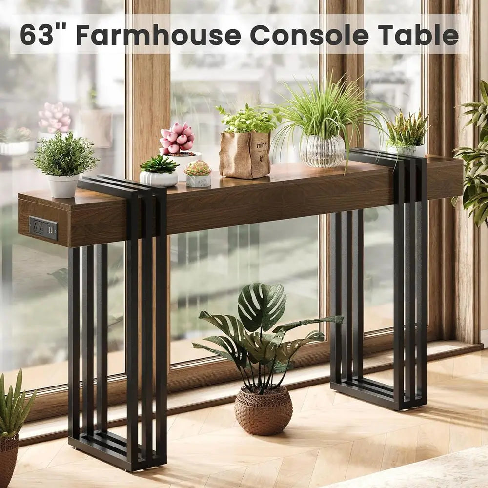 63"Long Console Table for Entryway - Behind Couch Table for Living Room, Wood Sofa Tables with Black Parallel Metal Frame,Walnut