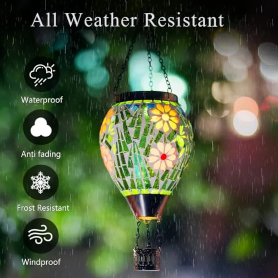 Hot Air Balloon Solar Lantern Flower Pattern Glass Hanging Solars Lanterns Outdoor Waterproof Decorative Solar Light for Garden