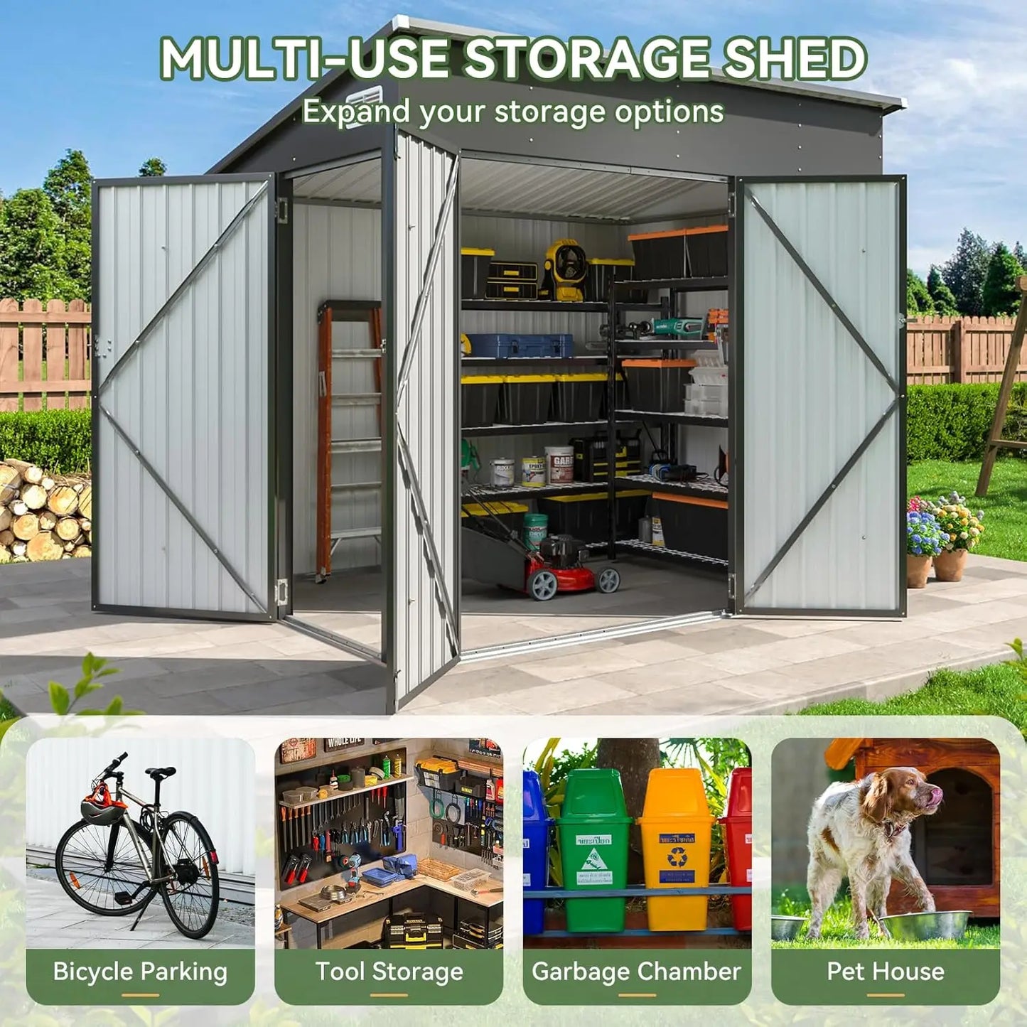 7.5'x4' Triple Door Shed Outdoor Storage Shed with Three Lockable Door Metal Storage Cabinet with Slopping Roof for, Customized