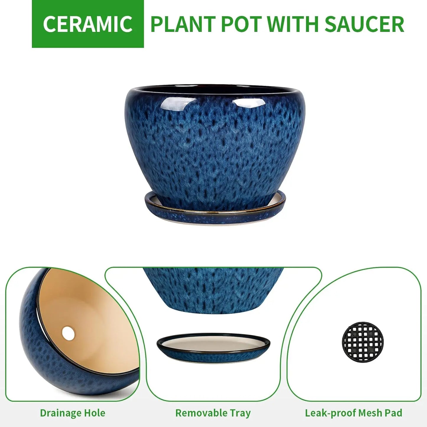 6 Inch Ceramic Plant Pot with Drainage Hole and Saucer, Blue Planter for Indoor Outdoor Succulents and Cacti