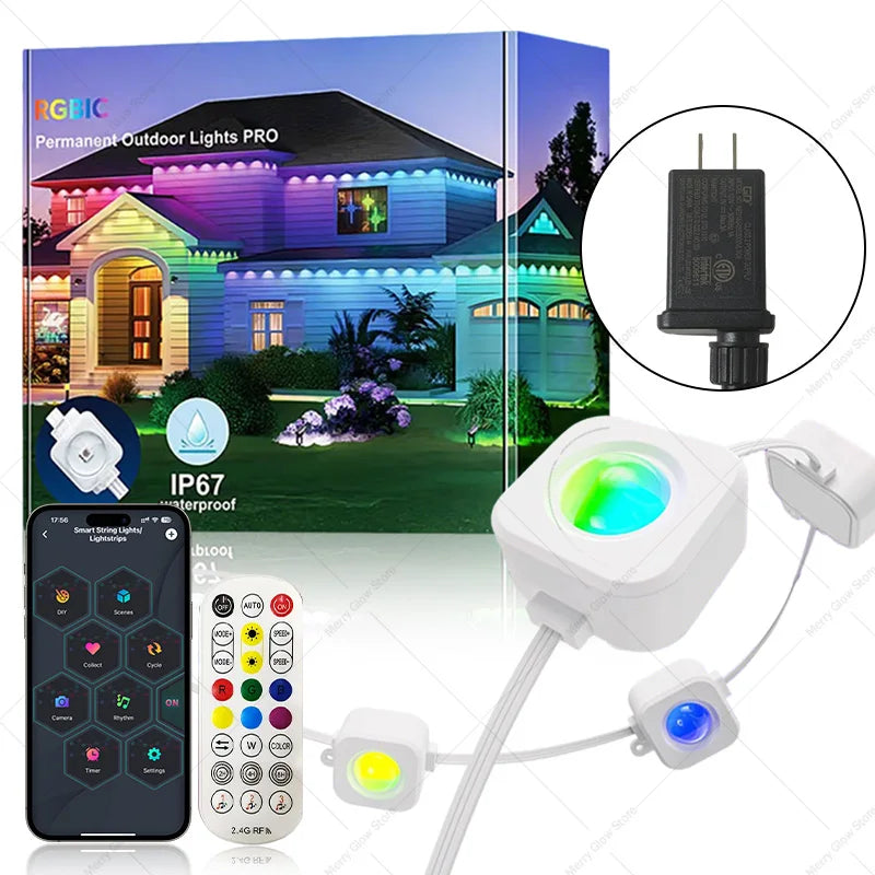 Permanent Outdoor Lights 150FT 90LEDs Smart RGBIC Eaves Lights Scene Modes IP67 Waterproof for Halloween Christmas Decorations