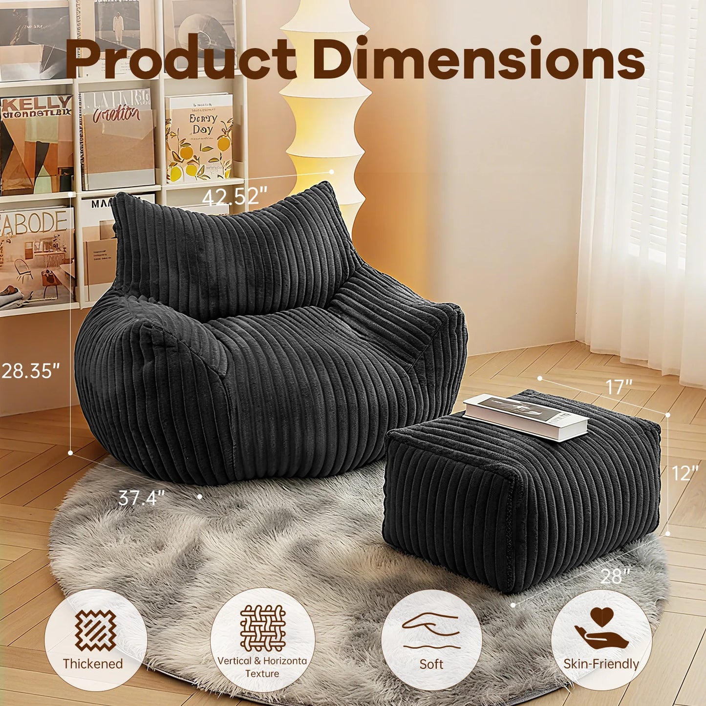 Oversized Bean Bag Chaise Lounge Chair Indoor forAdults with Armrests & Ottoman,Modern Living Room Chair,for Reading,Gaming,