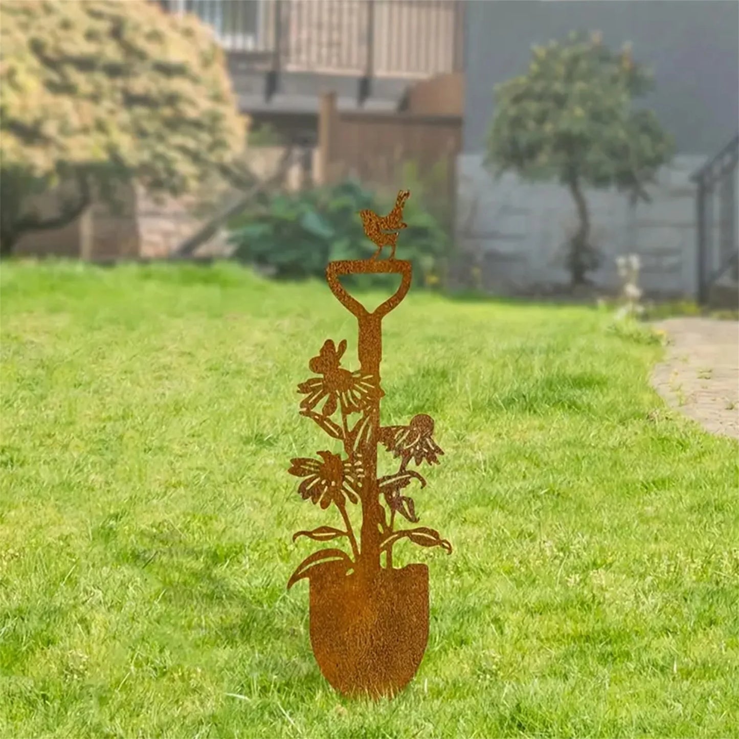 Metal Garden Stake with 2D Shovel Flower and Bird Design - Decorative Yard Sign for Lawn and Outdoor Ground Insert