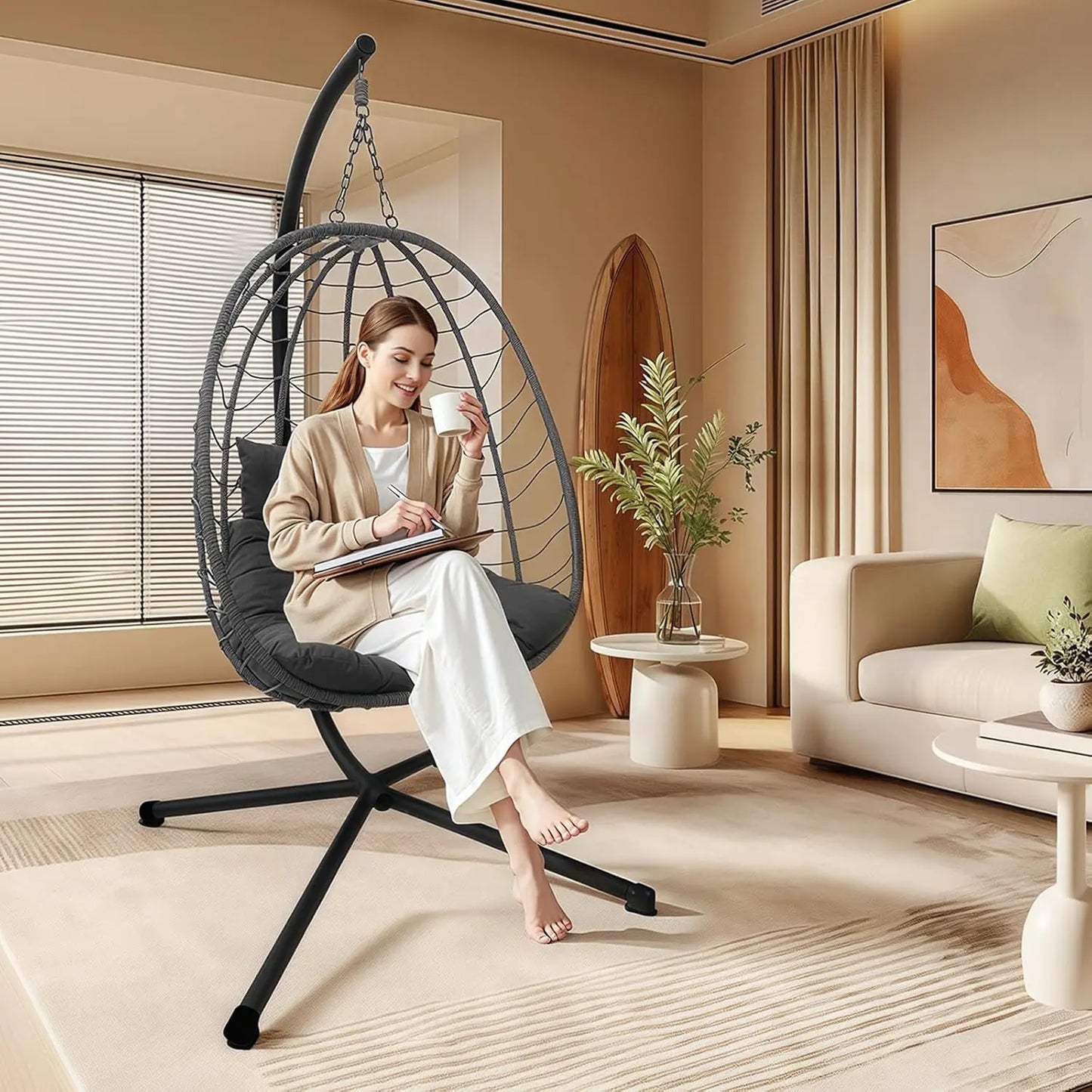 Hanging Egg Chair with Stand, Outdoor Indoor Rattan Wicker Swing Chair, Foldable Patio Hammock with Cushion, Dark, Customized
