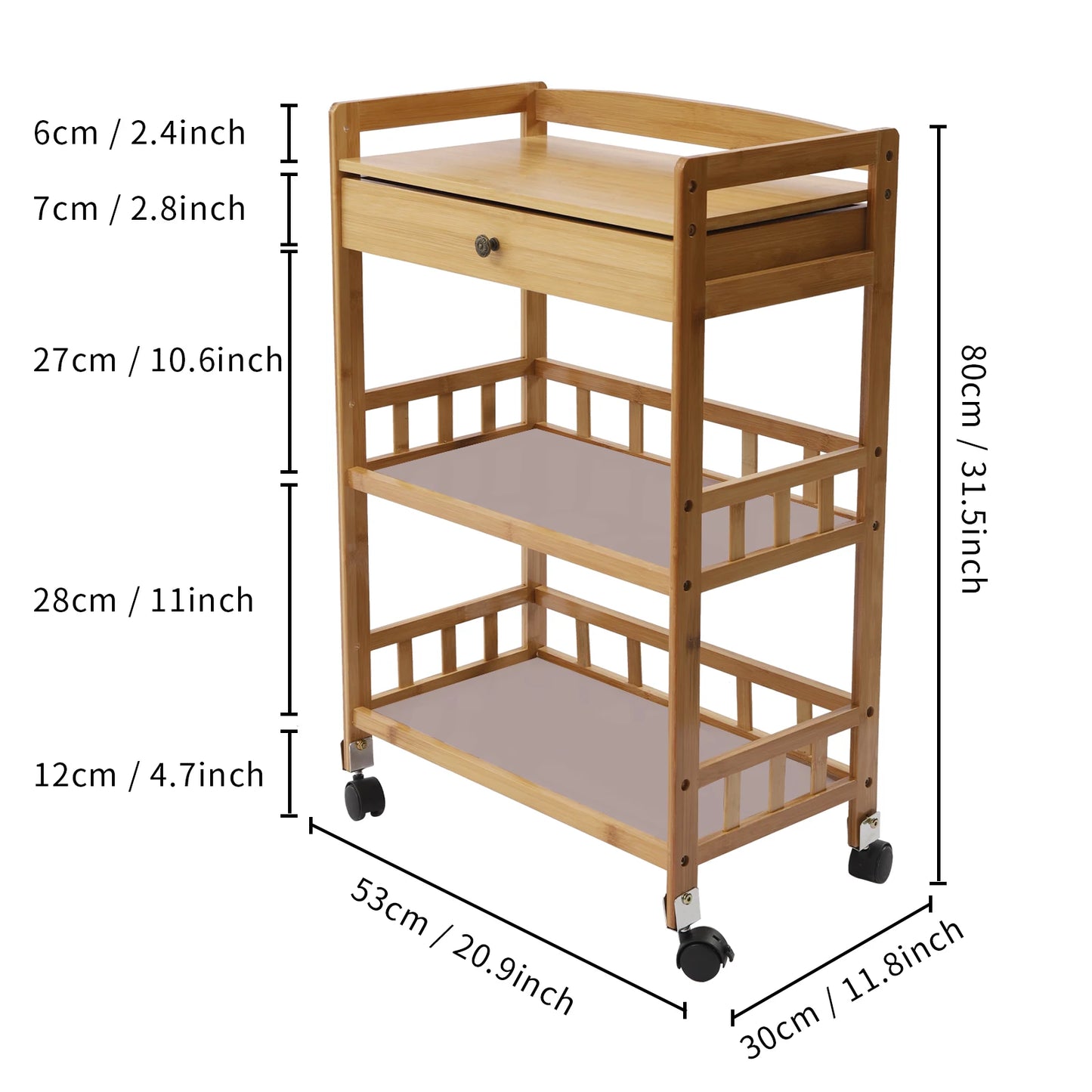 Mobile Kitchen Cart Trolley Rolling Wheelcart Storage Rack Beauty Salons Restaurants Bamboo 65kg Bearing