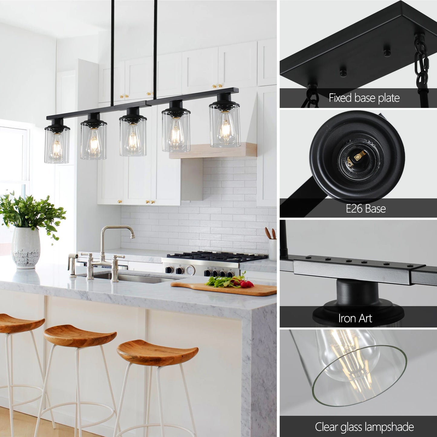 Chandelier Dining Table 5-Light Kitchen Island Pendant Light, Modern Chandelier Light with Clear Glass Shades, Matte Black Iron