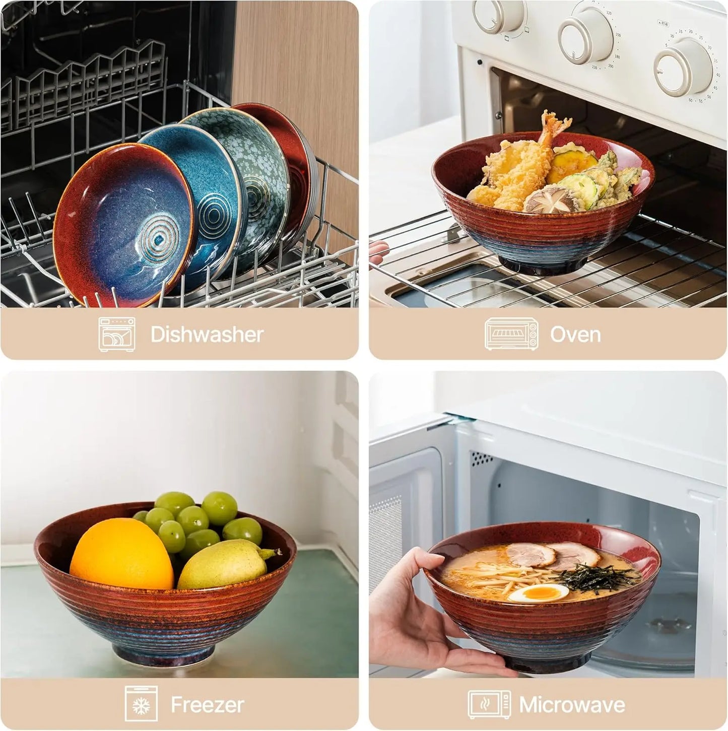 8 Inch Ceramic Ramen Bowl Set of 2, Durable, Microwave & Dishwasher Safe for Ramen, Pho, Salad