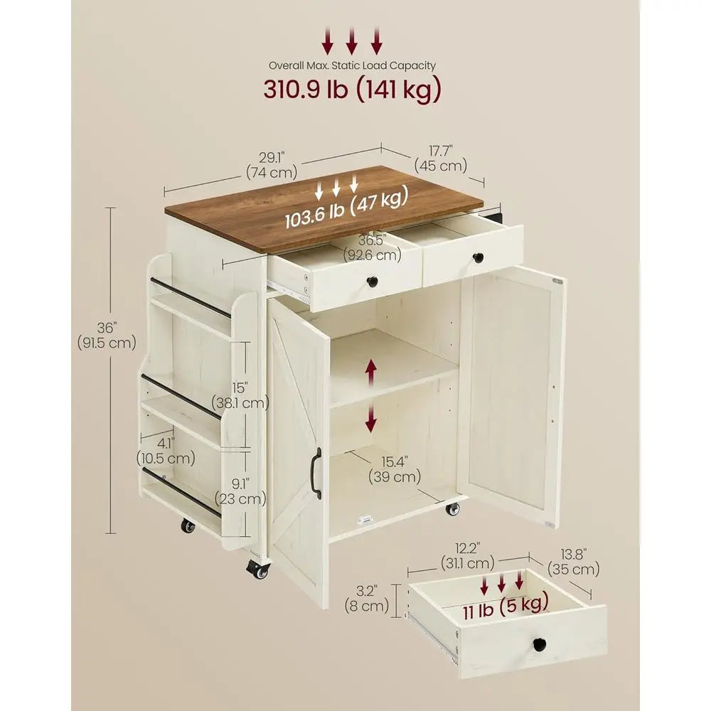 Mobile Kitchen Island, Portable Island with Spice Rack, Mobile Cart with Storage Cabinet, 17.7 x 36.5 x 36 Inches, or Dining Roo
