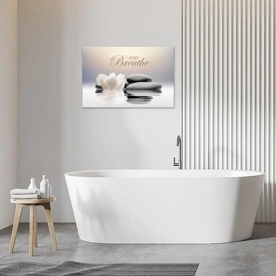 Stone Canvas Wall Art Just Breathe Yoga Quotes Poster for Spa Decor White Lotus Flower Pictures Prints for Bathroom Modern Spiri