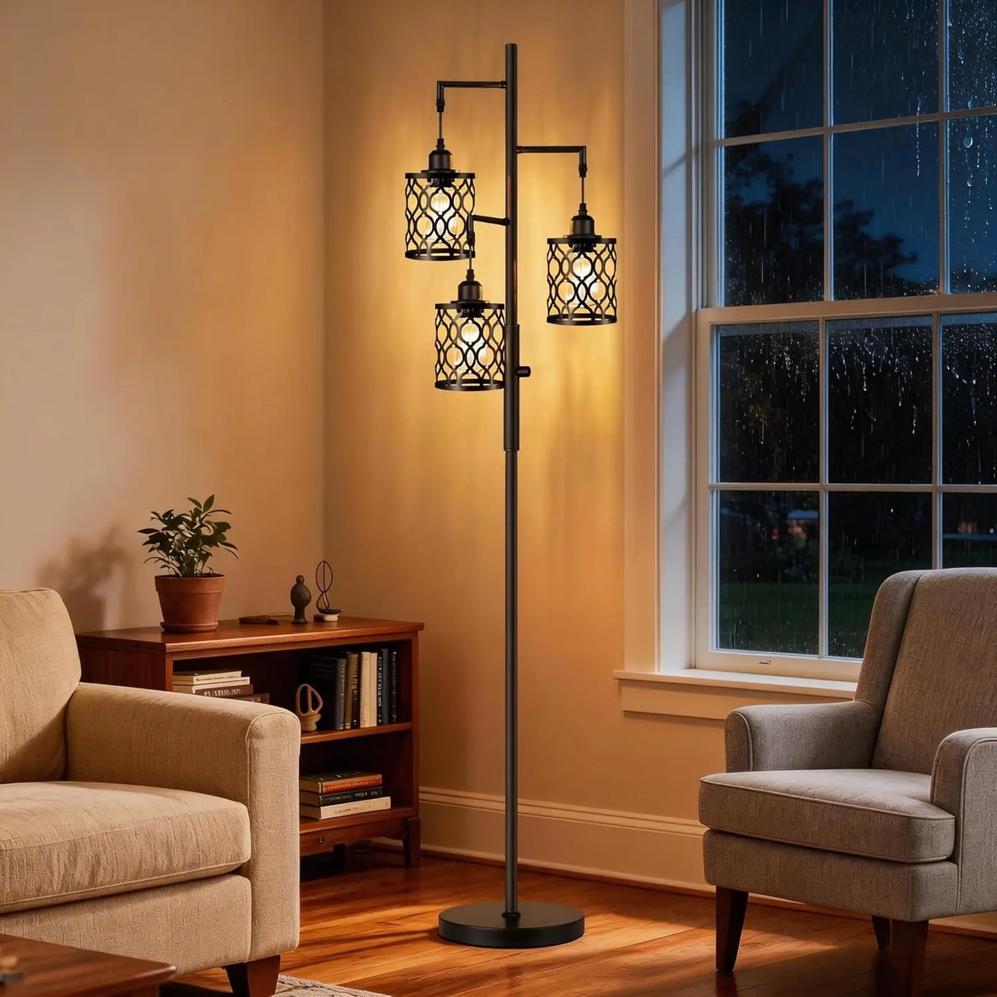 Dimmable Farmhouse Floor Lamp with 3 LED Bulbs, Rustic Industrial Style for Living Room and Bedroom