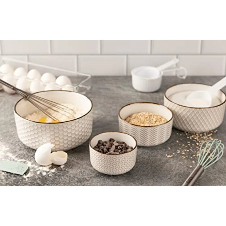 Serving Bowls with Lids Ceramic Nesting Bowls Set of 4 Embossed Kitchen Prep Stackable Gift Microwave and Dishwasher Safe 10/16