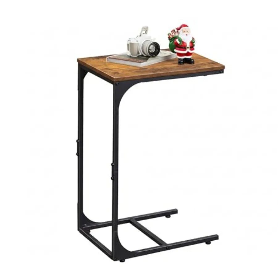 C Shaped End Table Small Couch Side Tables with Metal Frame That Slide Under Sofa Table TV Tray for Living Room Bedroom Rustic