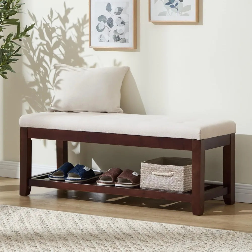 Shoe Bench Entryway, 44" End of Bed Bench,Upholstered Linen Bench for Living Room,Fabric Ottoman Bench with Solid Wood Shelf for