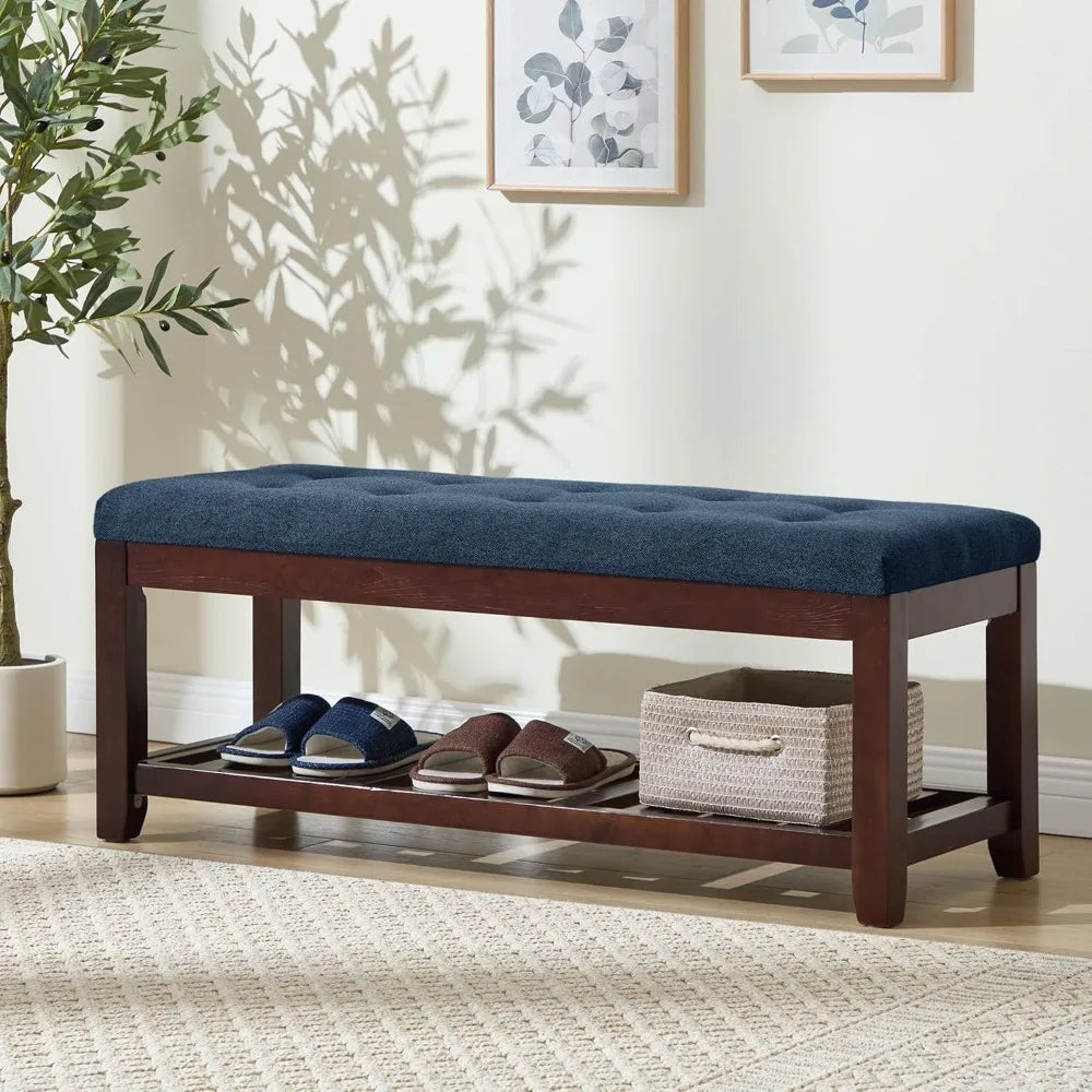 Shoe Bench Entryway, 44" End of Bed Bench,Upholstered Linen Bench for Living Room,Fabric Ottoman Bench with Solid Wood Shelf for