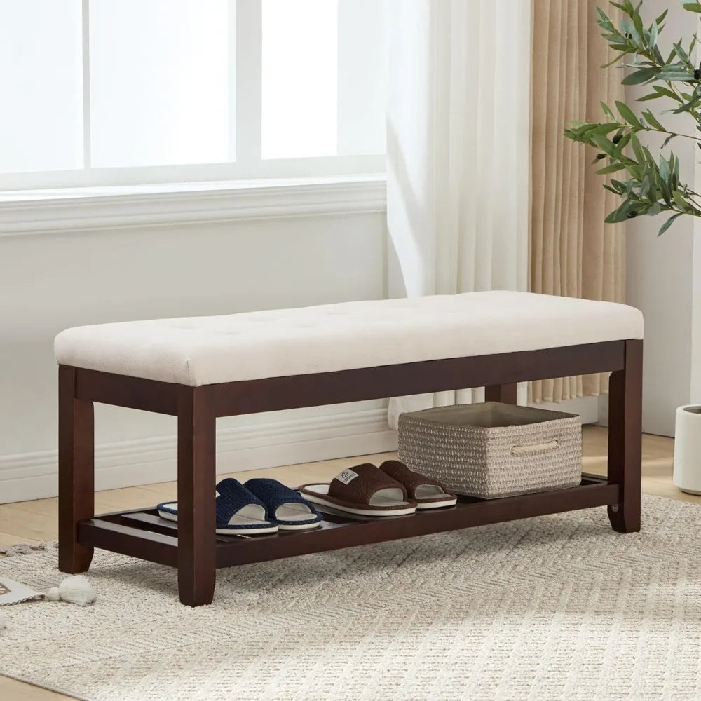 Shoe Bench Entryway, 44" End of Bed Bench,Upholstered Linen Bench for Living Room,Fabric Ottoman Bench with Solid Wood Shelf for