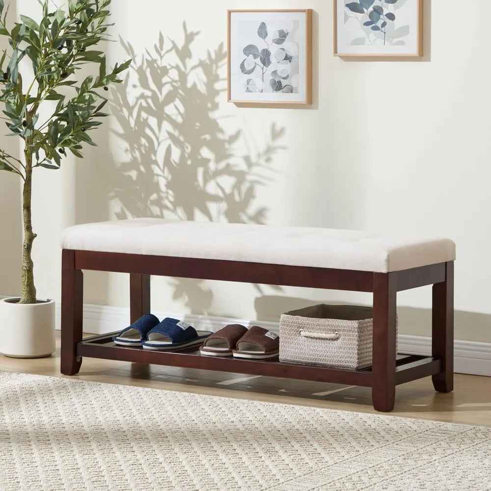 Shoe Bench Entryway, 44" End of Bed Bench,Upholstered Linen Bench for Living Room,Fabric Ottoman Bench with Solid Wood Shelf for