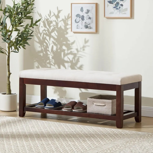 Shoe Bench Entryway, 44" End of Bed Bench,Upholstered Linen Bench for Living Room,Fabric Ottoman Bench with Solid Wood Shelf for
