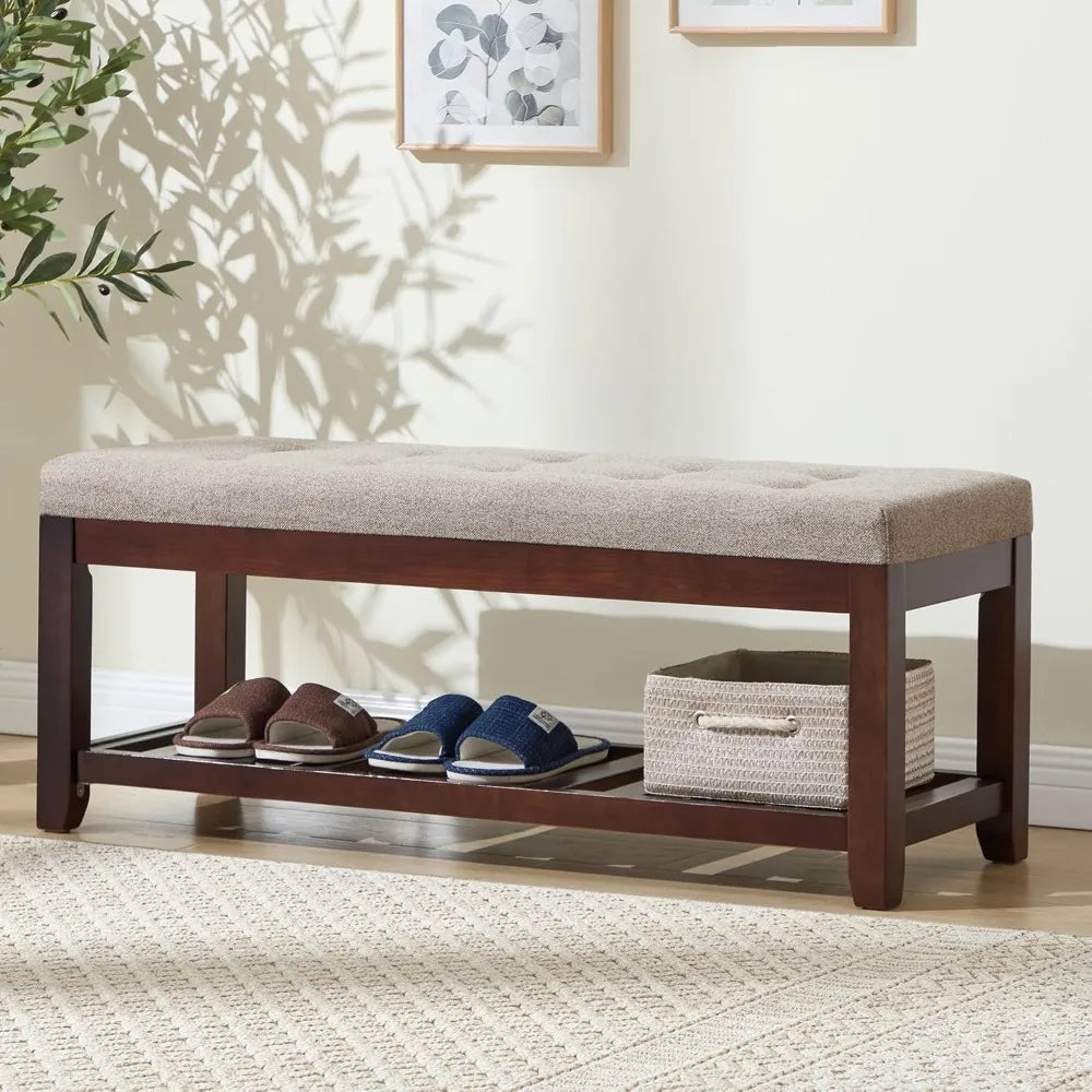 Shoe Bench Entryway, 44" End of Bed Bench,Upholstered Linen Bench for Living Room,Fabric Ottoman Bench with Solid Wood Shelf for