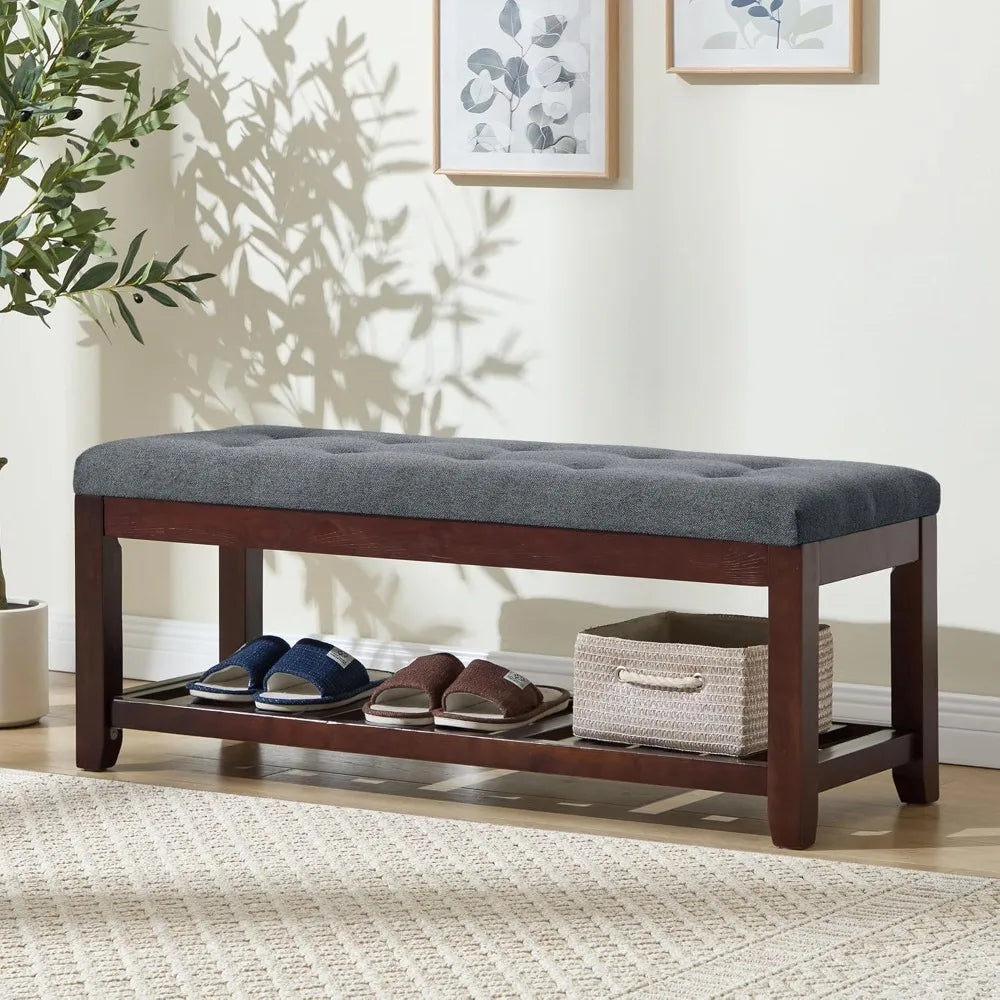 Shoe Bench Entryway, 44" End of Bed Bench,Upholstered Linen Bench for Living Room,Fabric Ottoman Bench with Solid Wood Shelf for