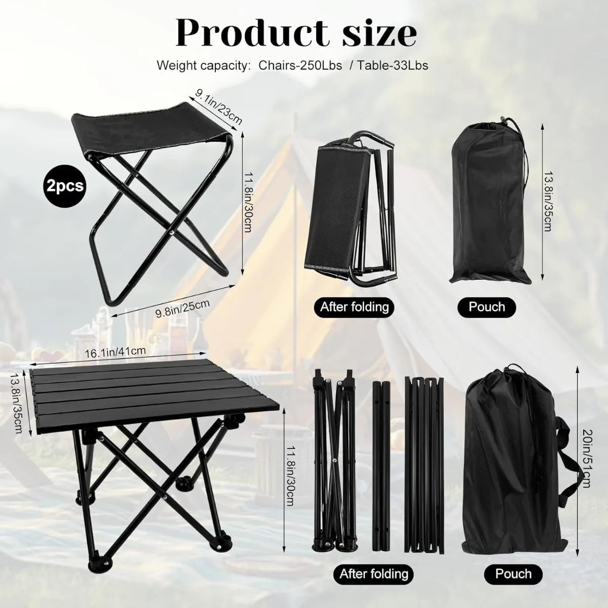 Folding Camping Table with Chairs Lightweight Picnic Table and 2 Chairs for Beach Hiking Travel Fishing BBQ,Outdoor Sturdy Table