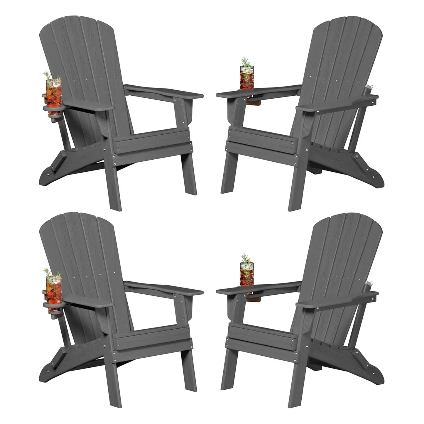 Folding Adirondack Chair Set of 4, Cup Holder，Wooden Textured ，Heavy All-Weather HDPE Comfortable Set Poolside, Customized