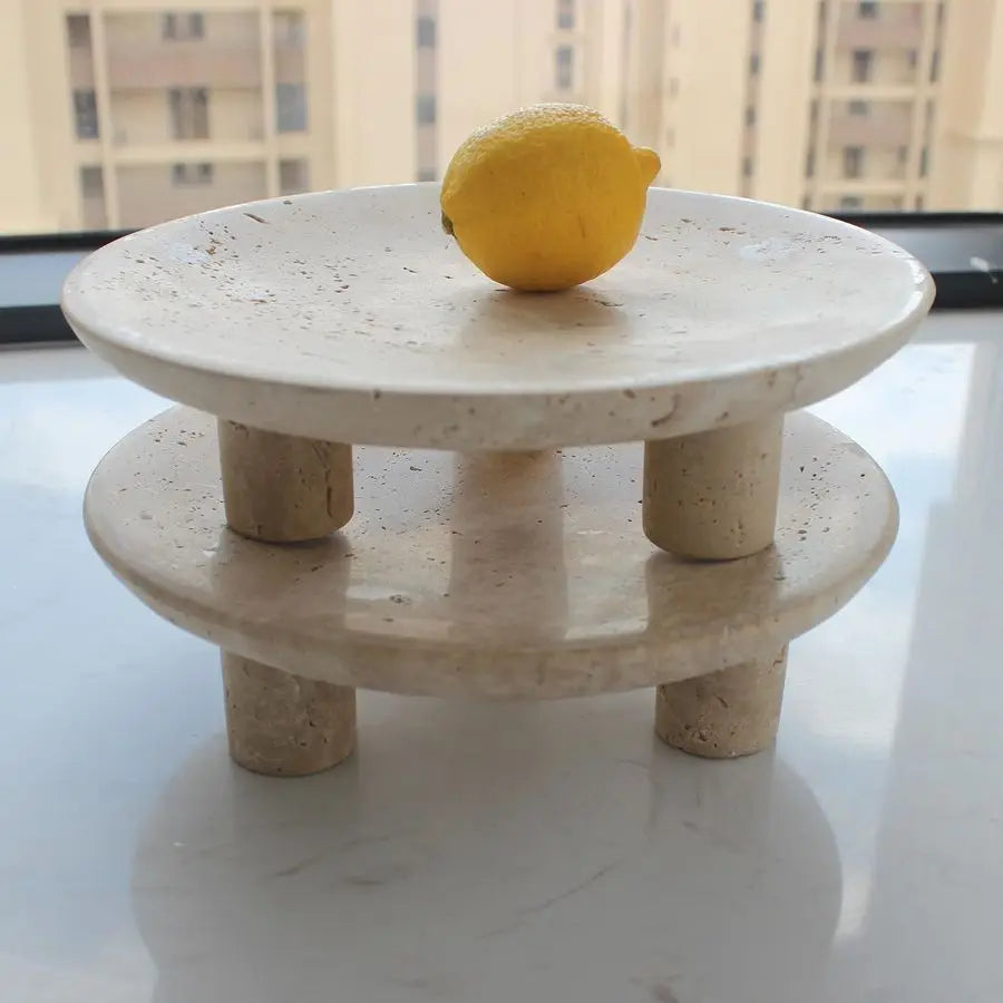 Handmade Travertine Fruit Bowl for Kitchen Counter 10, Large Decorative Bowl for Home Decor, Modern 3Legs Serving Plate, Key Bow