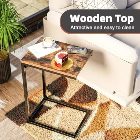 C Shaped End Table for Couch Small Side Table TV Tray Table with Metal Frame for Living Room Bedroom Rustic Brown