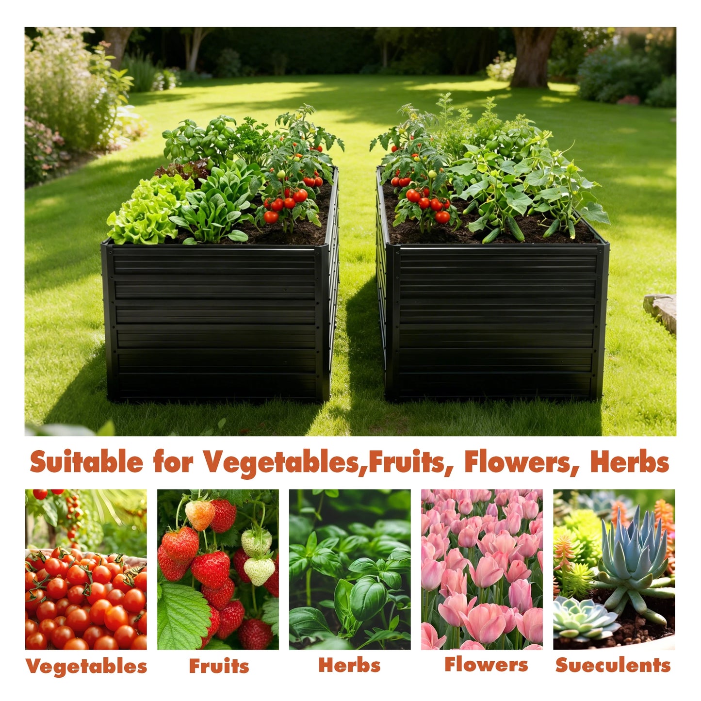 2-Pack 8×4×2FT Black Galvanized Raised Garden Bed Set, Metal Planter Boxes for Vegetables & Flowers