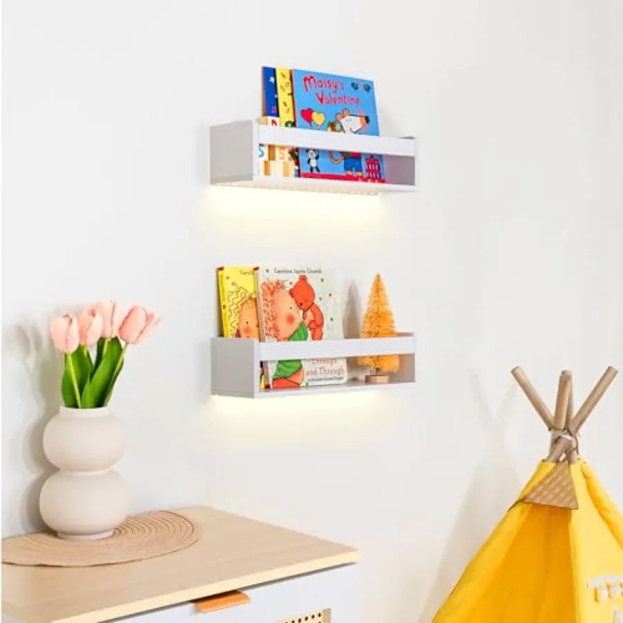 Nursery Book Shelves - Wooden Wall Shelves with LED Light for Books Decor and Storage Bookshelf for Baby Room Living Room and S