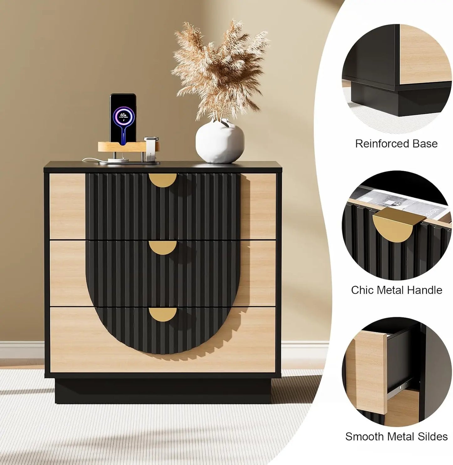 3 Drawer Nightstand with Charging Station, 28" Fluted Night Stand & Modern Bedside Table, Wood End Table Storage Cabinet