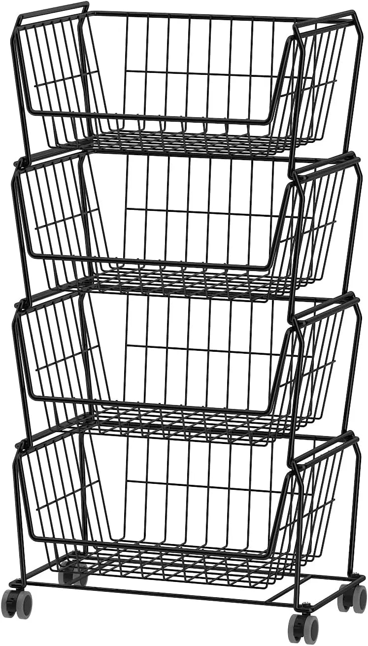Stackable Metal Storage Carts, Dual Use Shelf for Kitchen Fruit Vegetable Baskets with Wheels, Storage Rack for Living Room, Hom