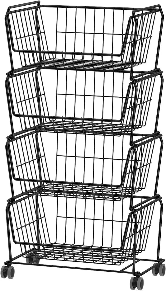 Stackable Metal Storage Carts, Dual Use Shelf for Kitchen Fruit Vegetable Baskets with Wheels, Storage Rack for Living Room, Hom
