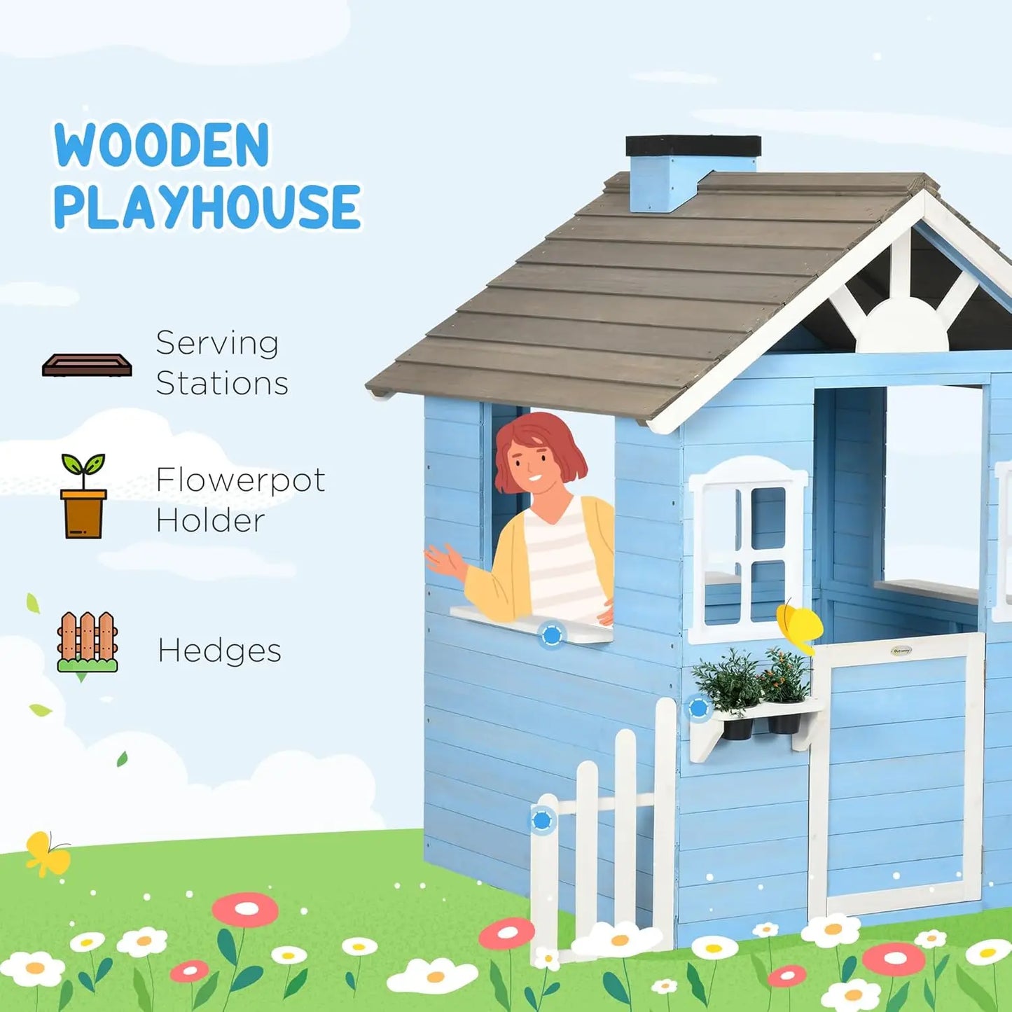 Playhouse for Kids Outdoor, Country Style Wooden Playhouse with Flower Pot Holders, Working Door, Windows, Service, Customized