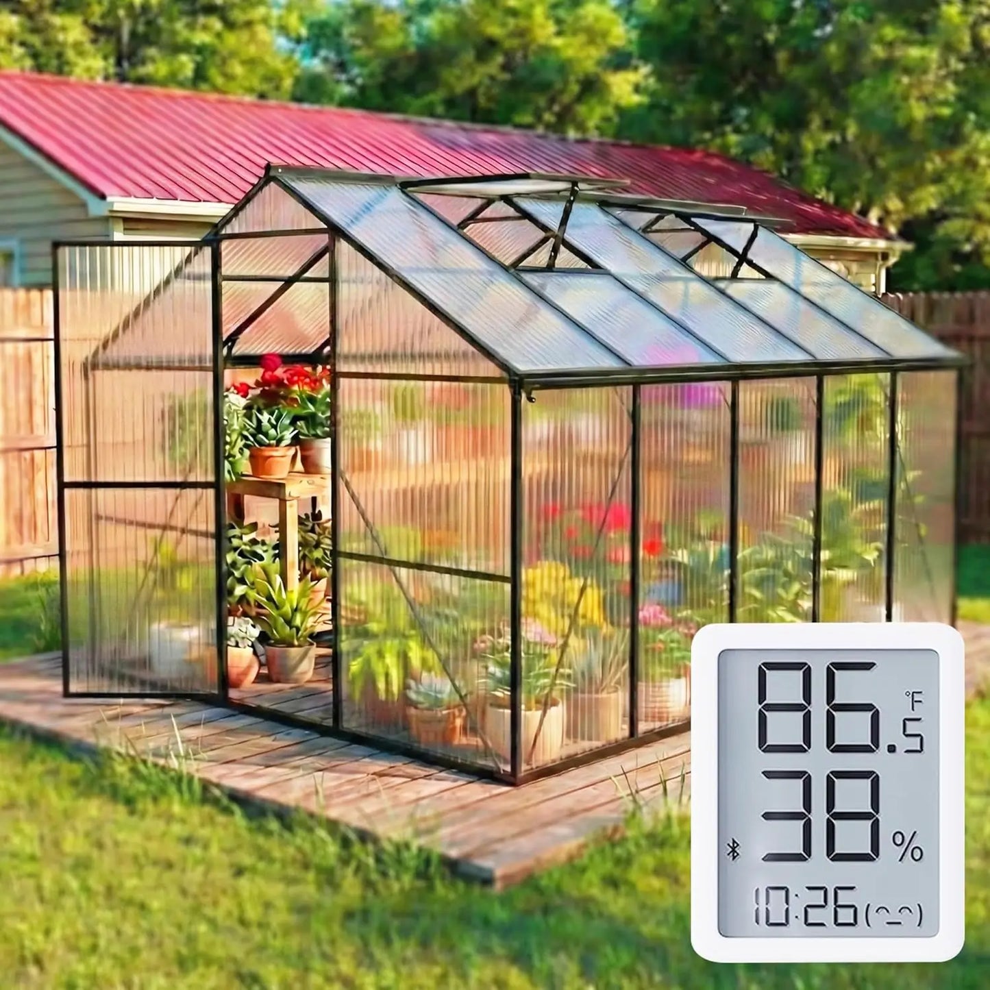 Greenhouse for Outdoors with Hygrometer, Polycarbonate Walk-in Green House for Outside, Reinforced Aluminum, Customized