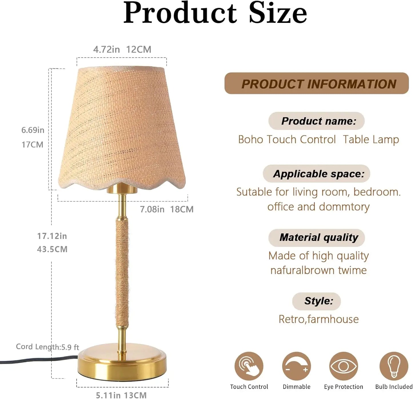 Boho Table Lamp for Bedroom, Touch Control Bedside Table Lamp with Brass Gold Base, Rustic Desk Lamp for Kitchen,Nightstand