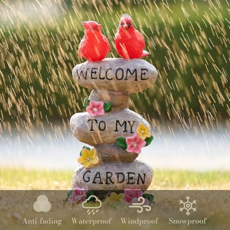 Garden Statues with Outdoor Solar Lights for Garden Decor Cardinal Birds Welcome Yard Sign Rocks and Flower Resin Valentines De