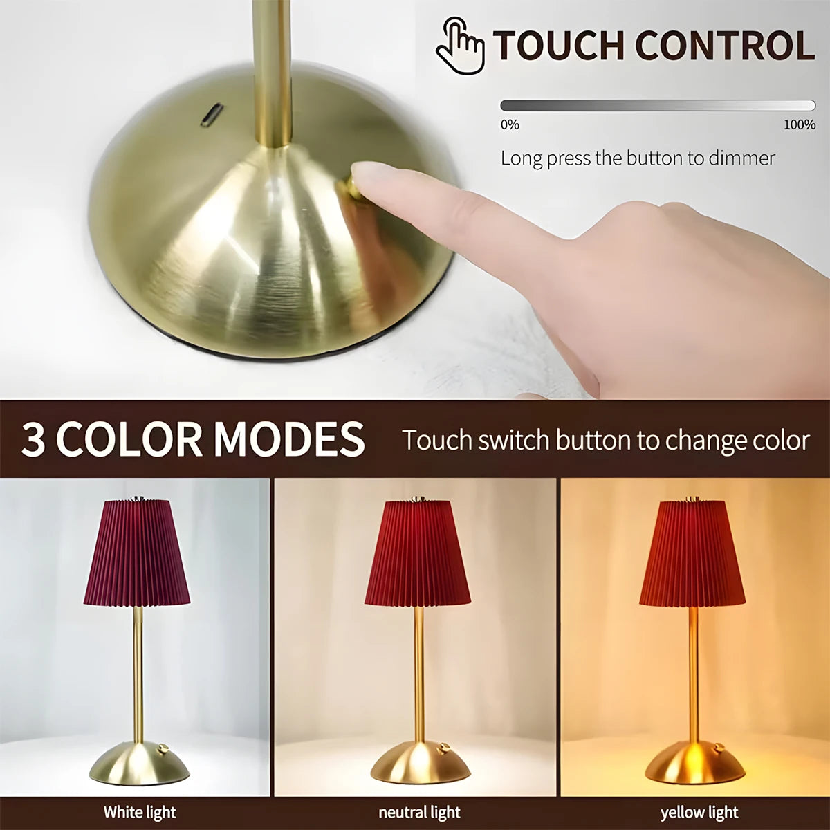 Smart Touch LED Desk Lamp–Rechargeable Reading Lamp with 3-Level Dimming for Home/Office/Dorm Study/ Holiday Decorative Light
