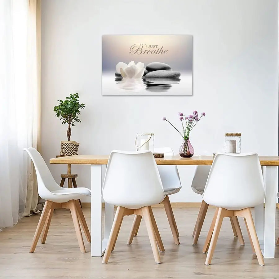 Stone Canvas Wall Art Just Breathe Yoga Quotes Poster for Spa Decor White Lotus Flower Pictures Prints for Bathroom Modern Spiri