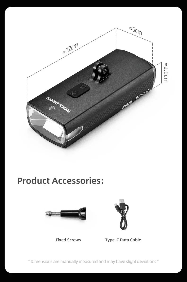 ROCKBROS Bike Light 3000LM 10000mAh Bicycle Front Light Flashlight High Brightness Type-C Bike Lamp Cycling Safety Front Lights