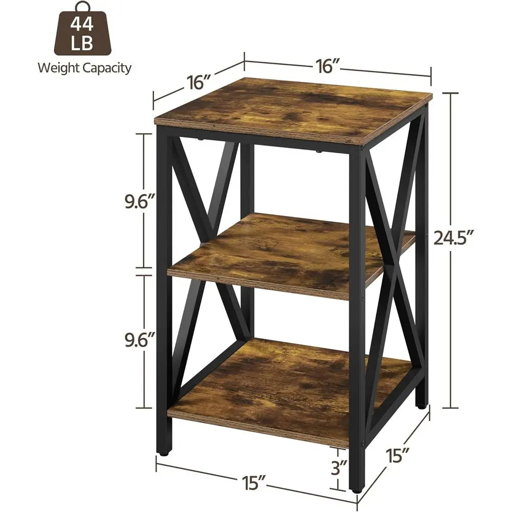 Industrial End Tables Set of 2,3-Tier Side Tables with Storage Shelves for Living Room,X Design, Strong Metal Frame,Rustic Brown