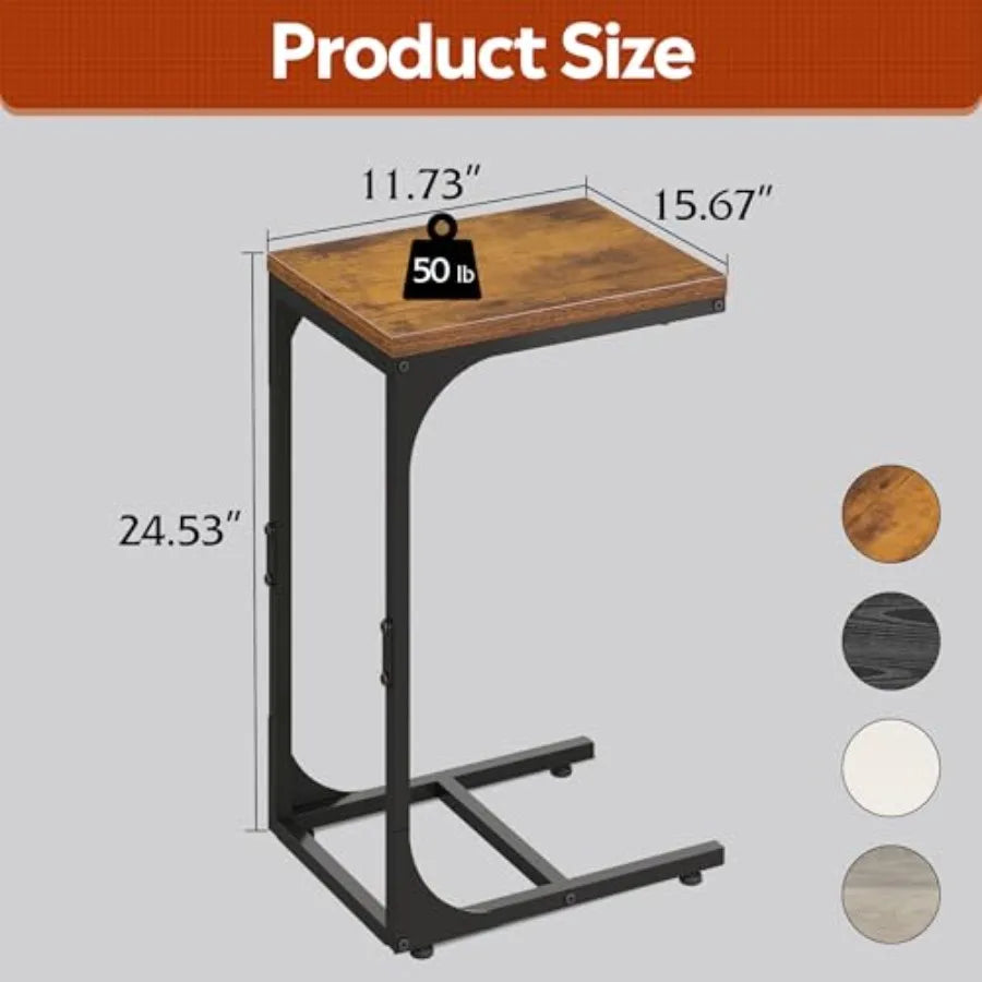 C Shaped End Table Small Couch Side Tables with Metal Frame That Slide Under Sofa Table TV Tray for Living Room Bedroom Rustic