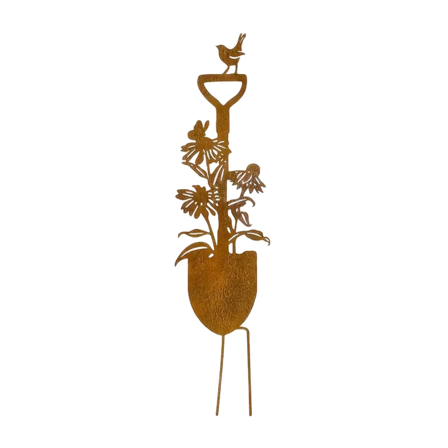 Metal Garden Stake with 2D Shovel Flower and Bird Design - Decorative Yard Sign for Lawn and Outdoor Ground Insert