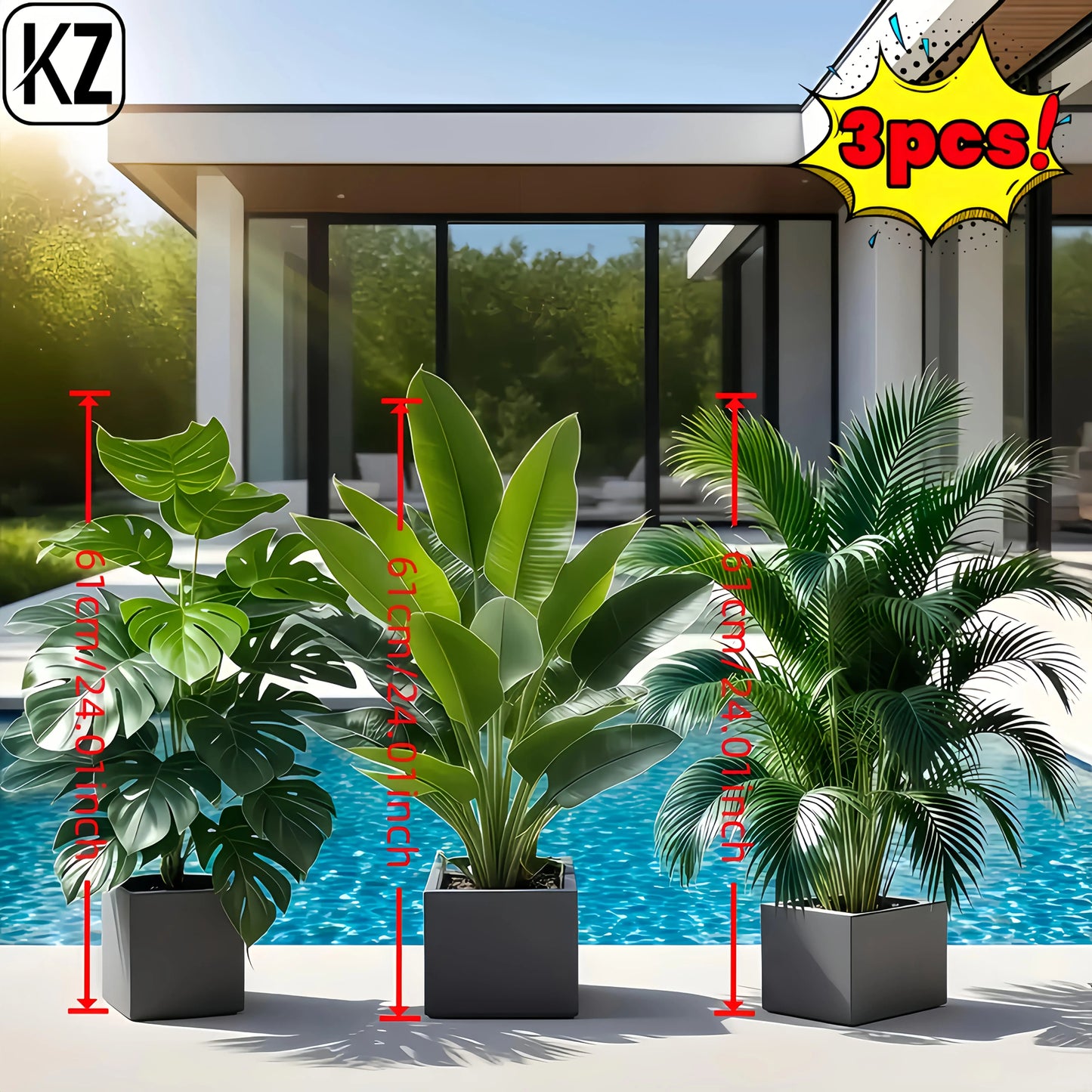 3pcs Artificial Faux Plant Set Lush Banana Tree Monstera Palm for Home Wedding Garden Balcony Office Decor