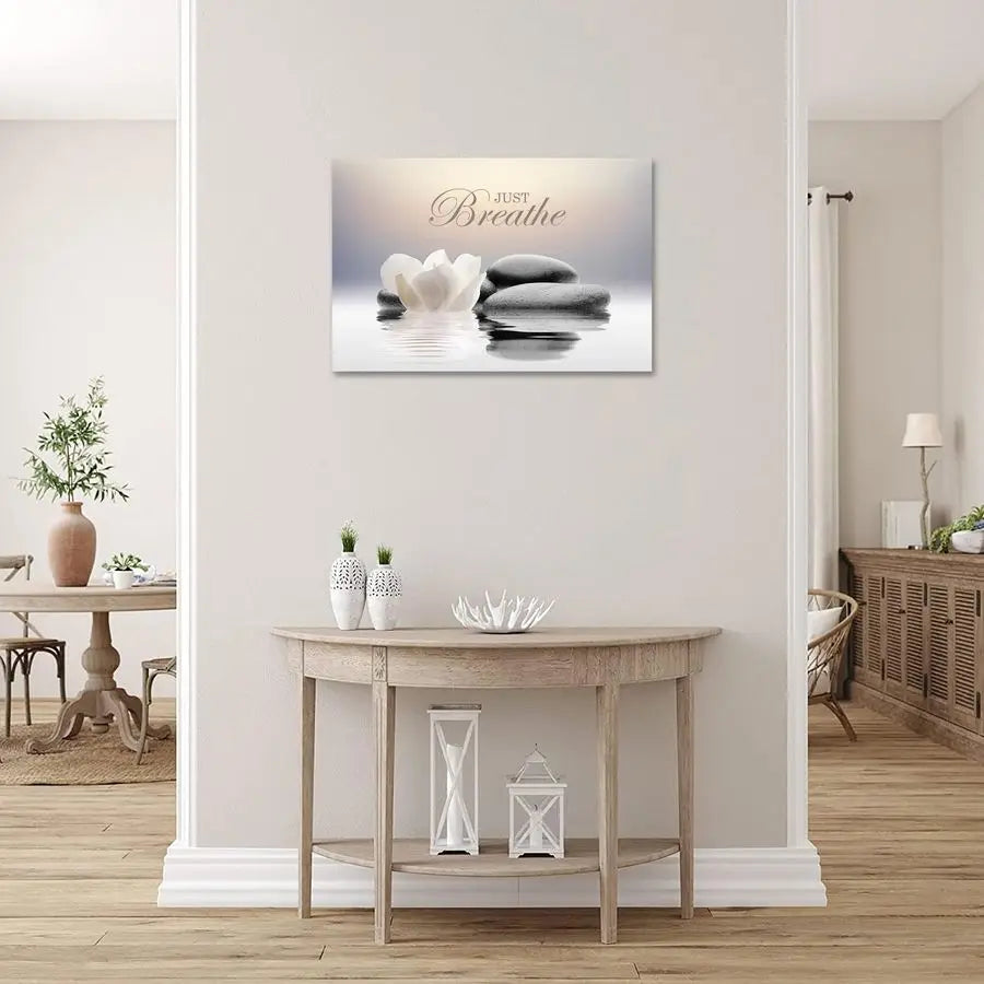Stone Canvas Wall Art Just Breathe Yoga Quotes Poster for Spa Decor White Lotus Flower Pictures Prints for Bathroom Modern Spiri