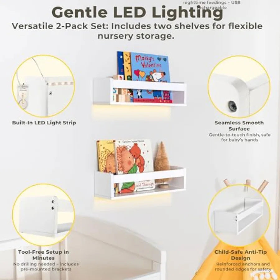 Nursery Book Shelves - Wooden Wall Shelves with LED Light for Books Decor and Storage Bookshelf for Baby Room Living Room and S