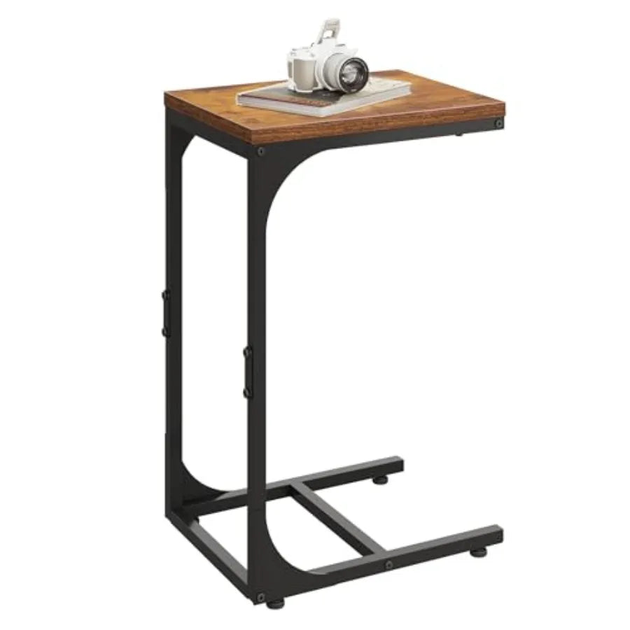 C Shaped End Table Small Couch Side Tables with Metal Frame That Slide Under Sofa Table TV Tray for Living Room Bedroom Rustic