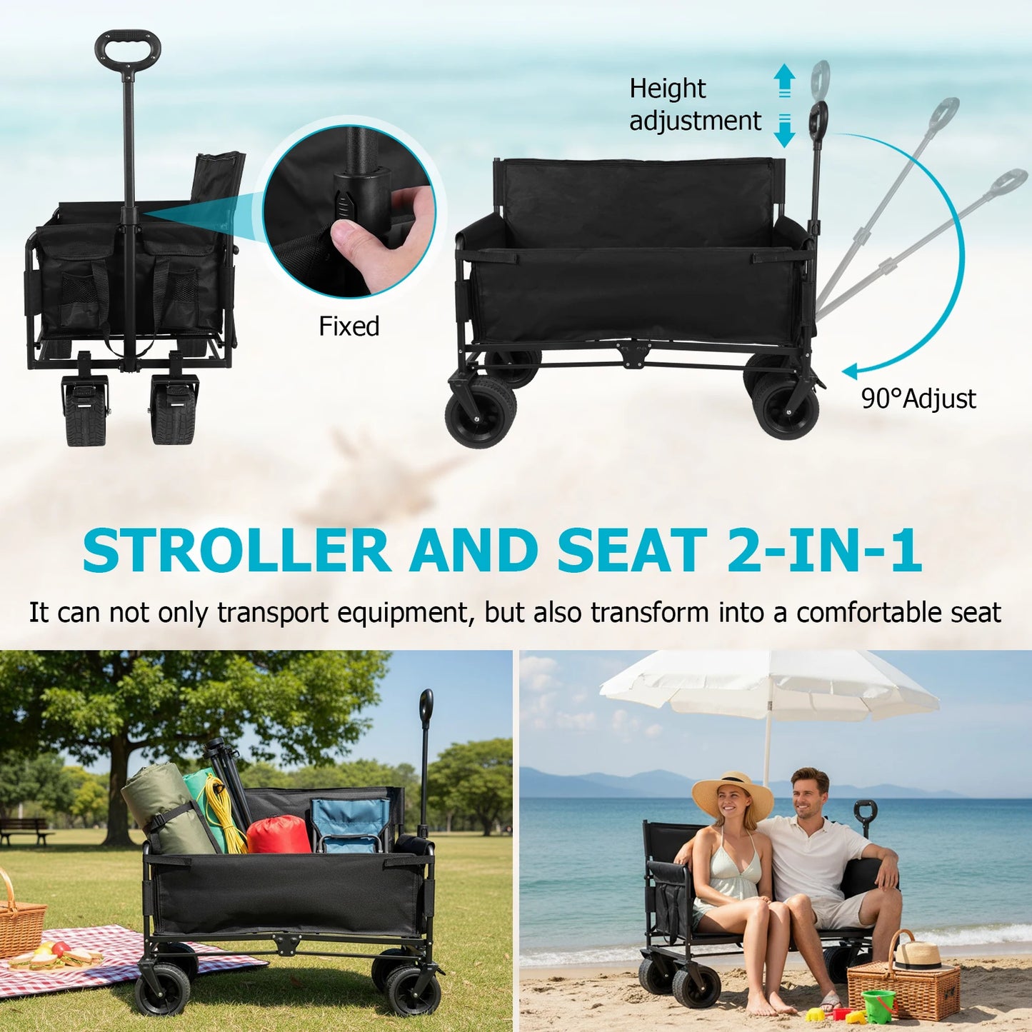 40In Collapsible Wagon Cart Heavy Duty 265LBS Utility Grocery Cart with Wheels for Camping Sports Outdoor Activities Black