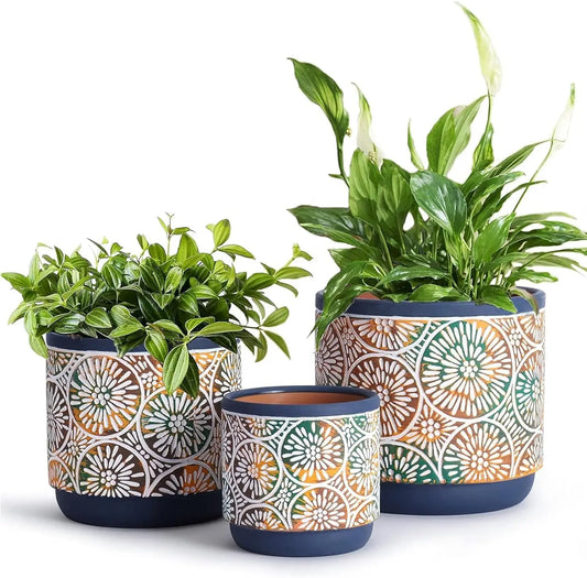 3-Piece Ceramic Plant Pots Set with Drainage Holes, Modern Decorative for Indoor/Outdoor Plants in Blue