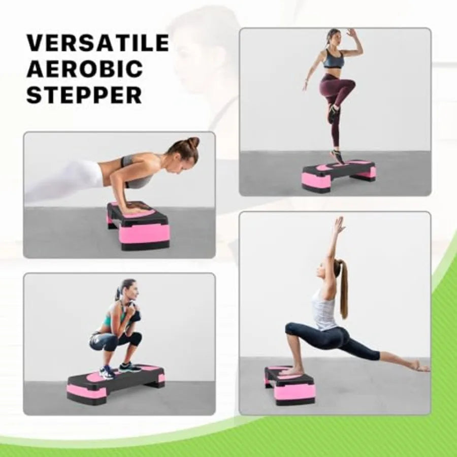 Adjustable Compact Aerobics Stepper Platform for Cardio Core and Strength Training in Black with Non-Slip Surface