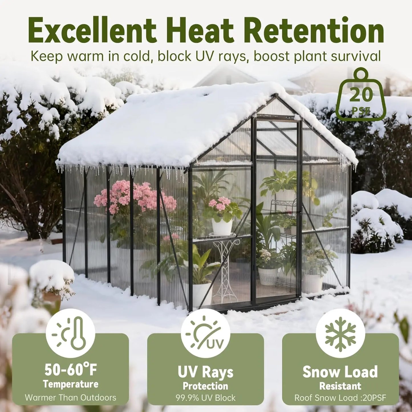 Greenhouse for Outdoors with Hygrometer, Polycarbonate Walk-in Green House for Outside, Reinforced Aluminum, Customized
